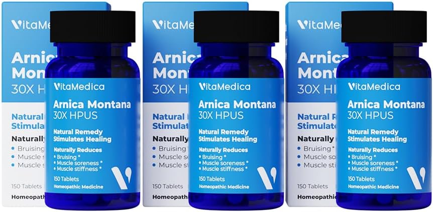 VitaMedica Arnica Montana 30X Homeopatyczne tabletki na ból i obrzęk siniaków 124; Plant Based Formuła 124; Zalecane przez chirurgów plastikowych 124; Natural Recovery Surgery Or Raury 124; 3 Pack Account 124; 150 Servings