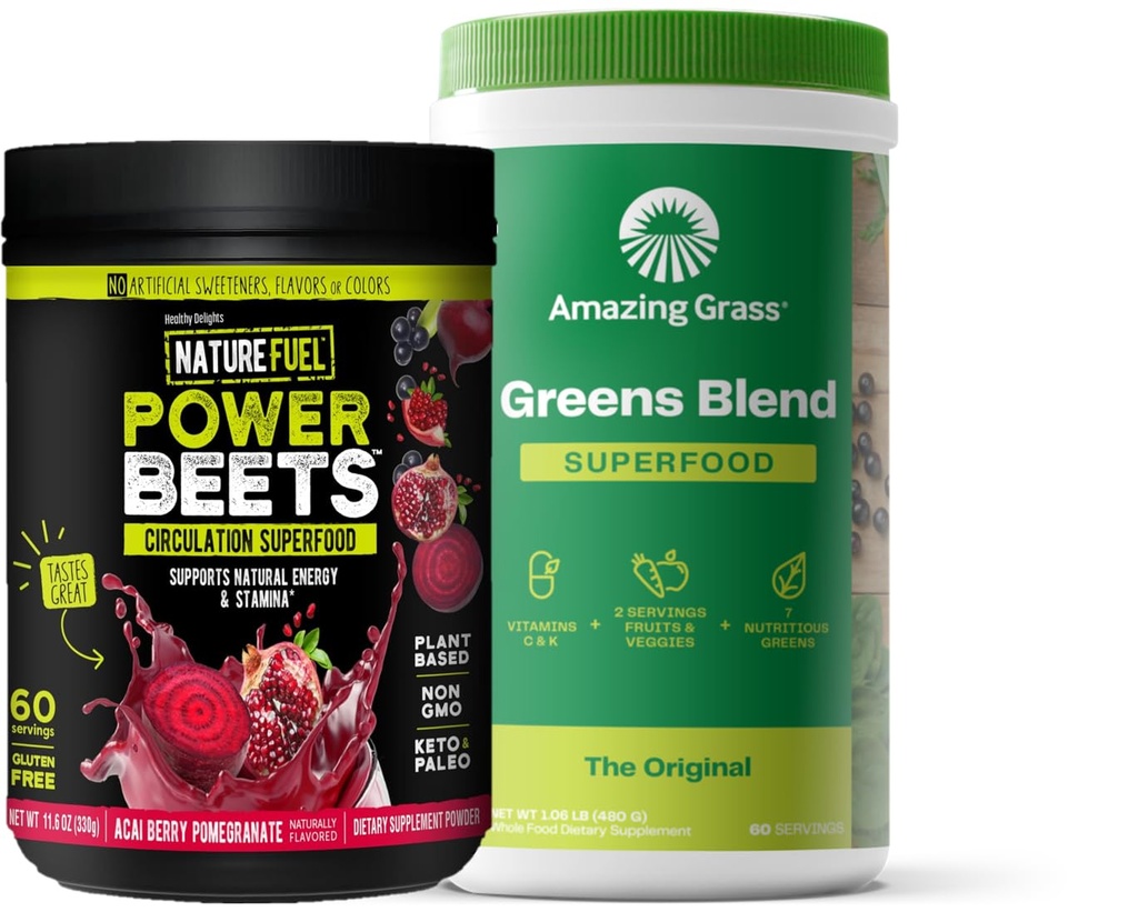 Niesamowita zieleń trawa miesza Superfood: Super Zielony Proszek Smoothie Mix dla Boost Energy, 60 Słupki i Nature Fuel Power Beets Powder, Buek Root Powder, Wsparcie naturalnej energii, 60 Słupki