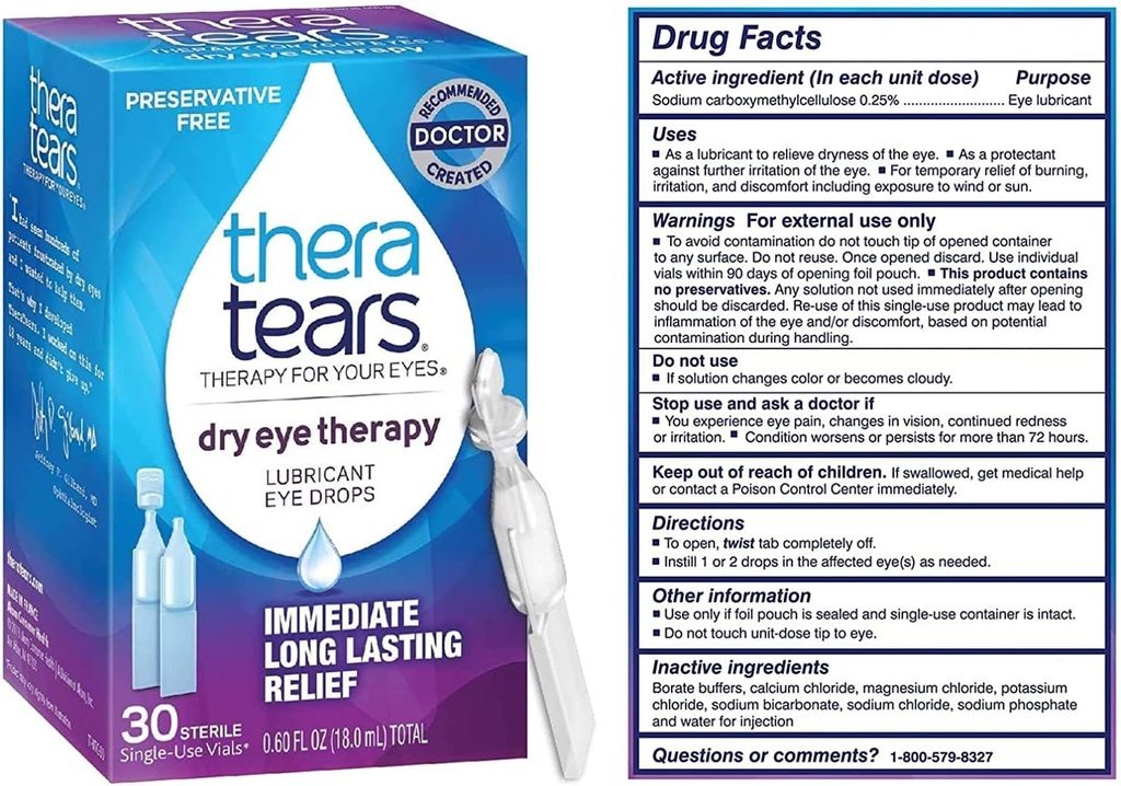 TheraTears Dry Eye Therapy Lubrykating Eye Drops for Dry Eyes, Conservative Free Eye drops, 30 Pojedyncze fiolki (3 opakowania)