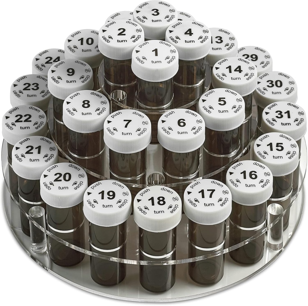 Monthly Pill Bottle Organizator Caddy - 31 Numered Full- Rozmiar Pill Butelki w Dzieci-Pokarm Dowód na każdy dzień miesięczne- Przezroczysty rack i łatwy w użyciu do codziennej dawki vitamin leczniczych i suplementów