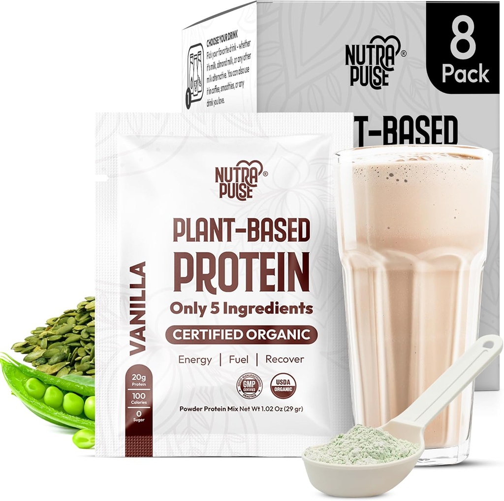 Organiczny Wegański proszek do pobierania próbek - Białko oparte na plantacji, Gluten- Free, Nie GMO, 20 g białka na serwowanie, Wielki dla Smoothies & Shakes (Vanilla, Opakowanie po 8)