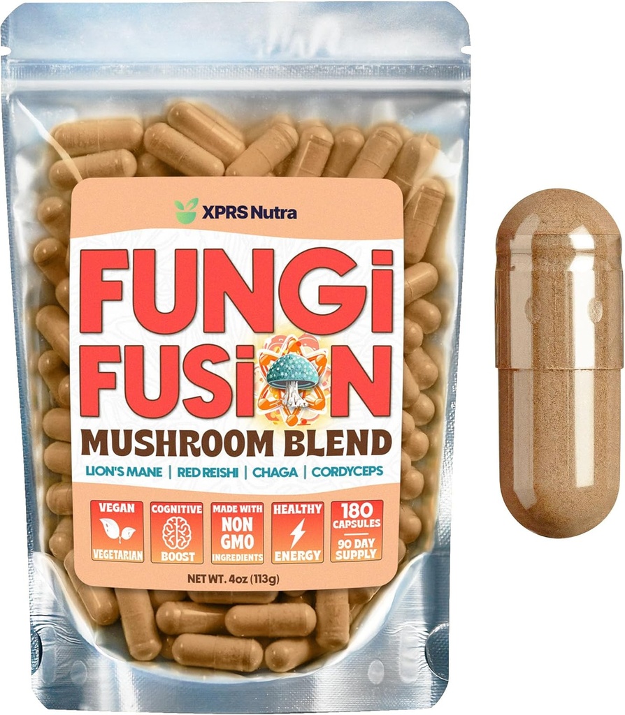 XPRS Nutra Grzyby Fusion Mushroom Blend Kapsułki - 180 Hrabia (90 Day Supply) Premium Mieszanka Lwa Mane, Reishi, Chaga, Cordyceps Kapsułki do wspierania mentalnej klarowności, Kognitywność, Energia i odporność
