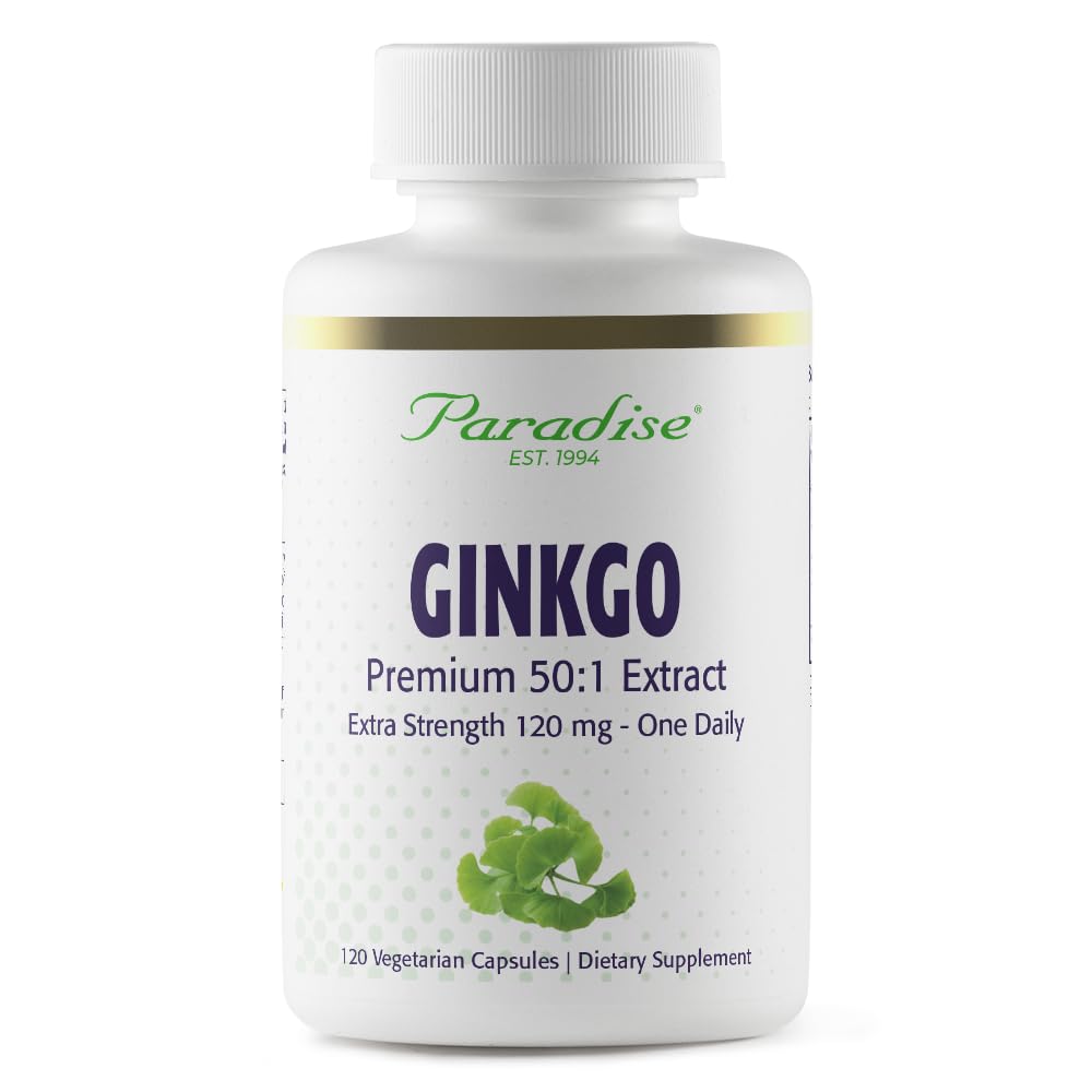 Paradise Herbs Ginkgo Biloba Extract, Super Potent, Ultra Pure, Wegan, Non GMO, Gluten Free, 120 Kapsułki wegetariańskie
