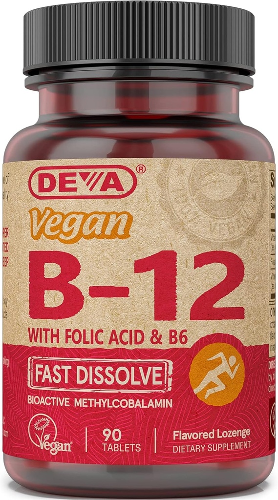 Deva Vegan witamina B12 szybko rozpuszczalny suplement - Once- Per- Day Complex z 1000 Mcg Methylcobalamina B12, Kwas foliowy, B6 - Lemon Flavor - 90 Rozpuszczalne tabletki, 1- Pack