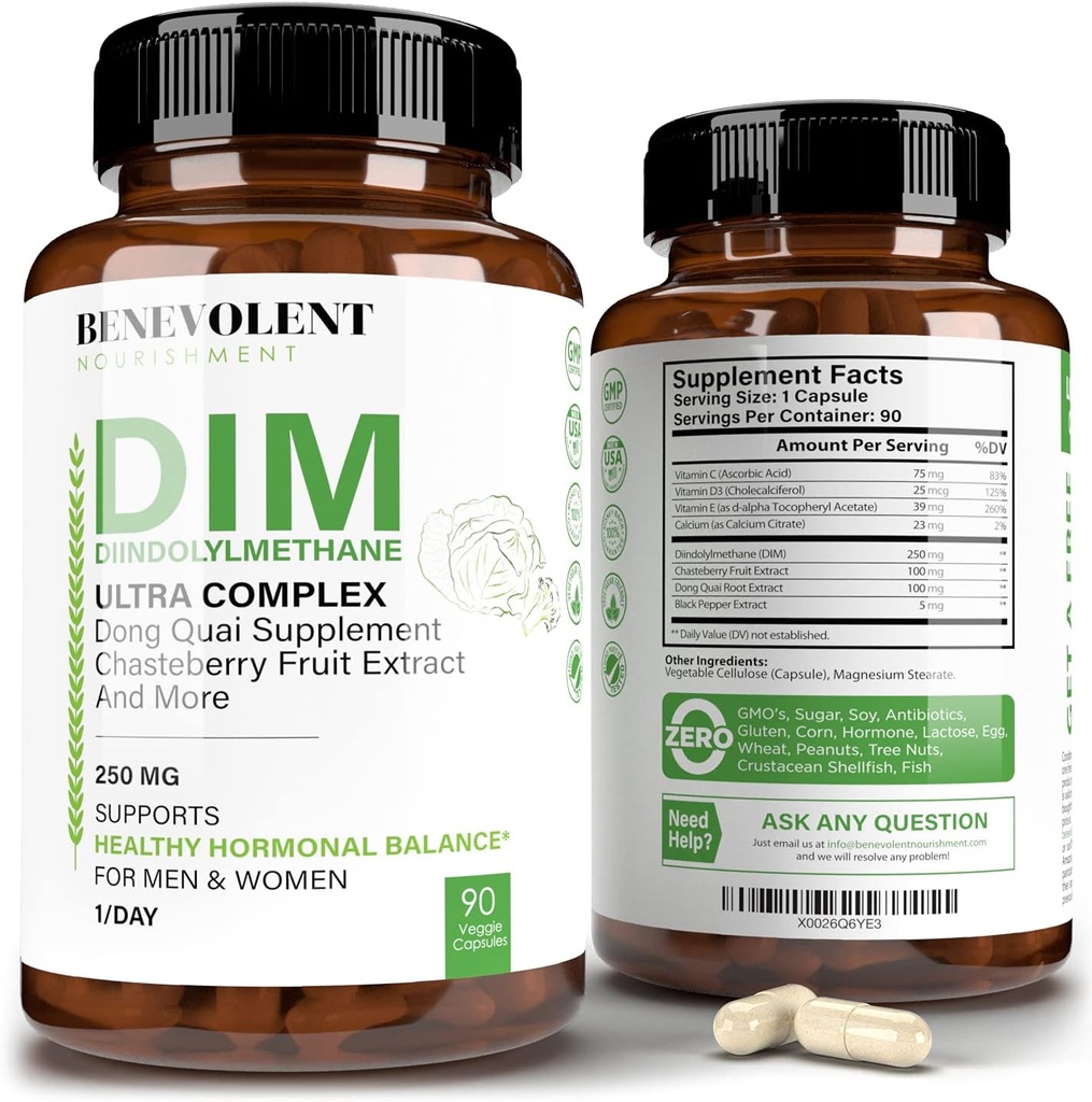 Dobroczynność Maksymalna wytrzymałość suplement DIM 250mg - 90 Vcaps Diindolylometan Ultra Complex Plus Chasteberry, Dong Quai Extract + więcej