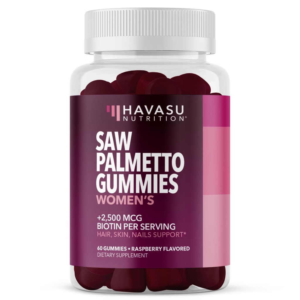 Saw Palmetto dla kobiet z 2500mcg Biotin - DHT Blocker and Hair, Skóra, Gummies zdrowia paznokci - 60 Count - Supports Stronger and Fuller Looking Locks and Radiant Skin - Wegan, Non-GMO, 1 Miesiąc dostaw