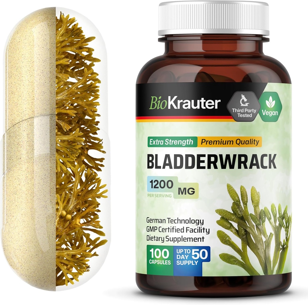 Bladderwrack kapsułki 1200 mg - 100 Count - Formuła z naturalnego morskiego źródła jodu - Vegan Bladderwrack Powder Caps