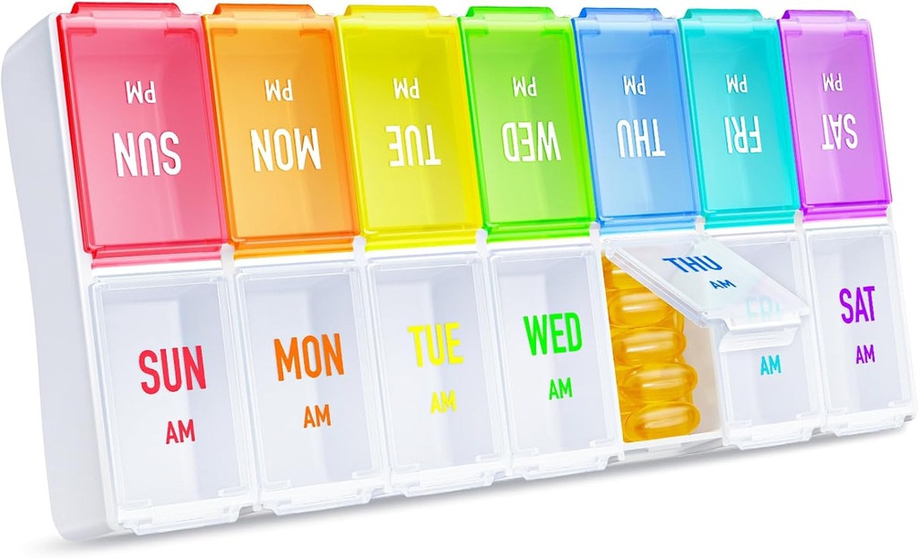 ZIKEE Rainbow Weekly Pill Organizator 2 razy w dniu łatwego śledzenia, AM PM Pill Case, Duży 7 dzień Pill Box Dwa razy dziennie, BPA- Free Medication Organizer for Pills, Witaminy, Oleje rybne, Suplementy