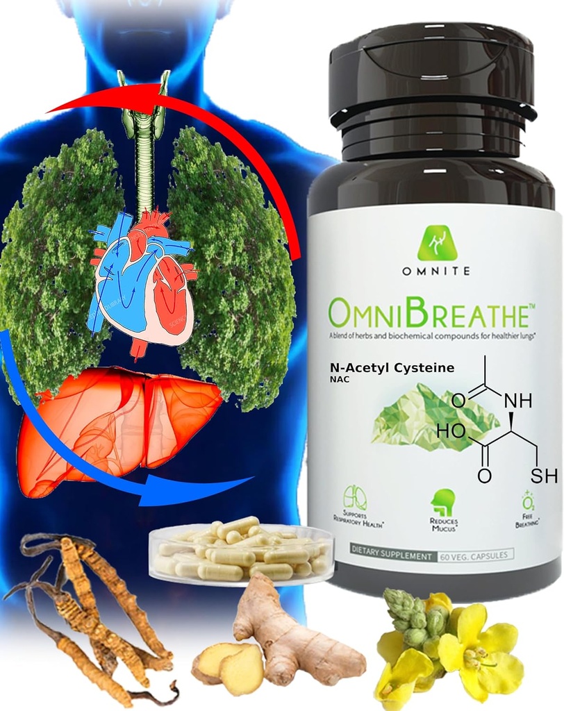 OMNIBREATHE - Szybka poprawa problemów oddychania przez NAC 600MG Naukowo sformułowane w. Quercetin / Mullein / Coq 10 / Ginger / Stinging Nettle / Bromelain, 3 razy w. Mączka (10- Day Supply to Boost)