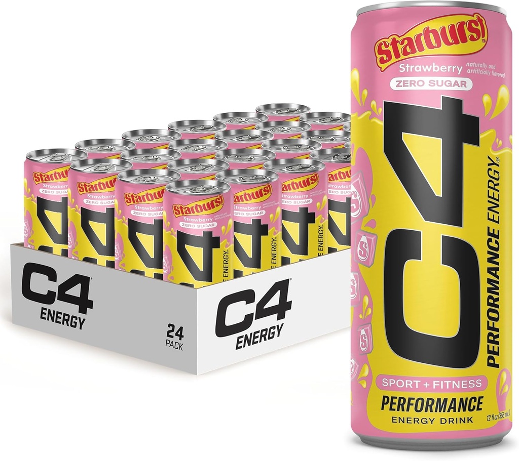 Celucor C4 Performance Energy Drink 124; STARBURST Strawberry Drink 124; Zero Sugar Carbonated Pretracting Energy 124; 200mg Cafeline with Beta Alanine Drink 124; 12 Fl Oz (24 Pack)