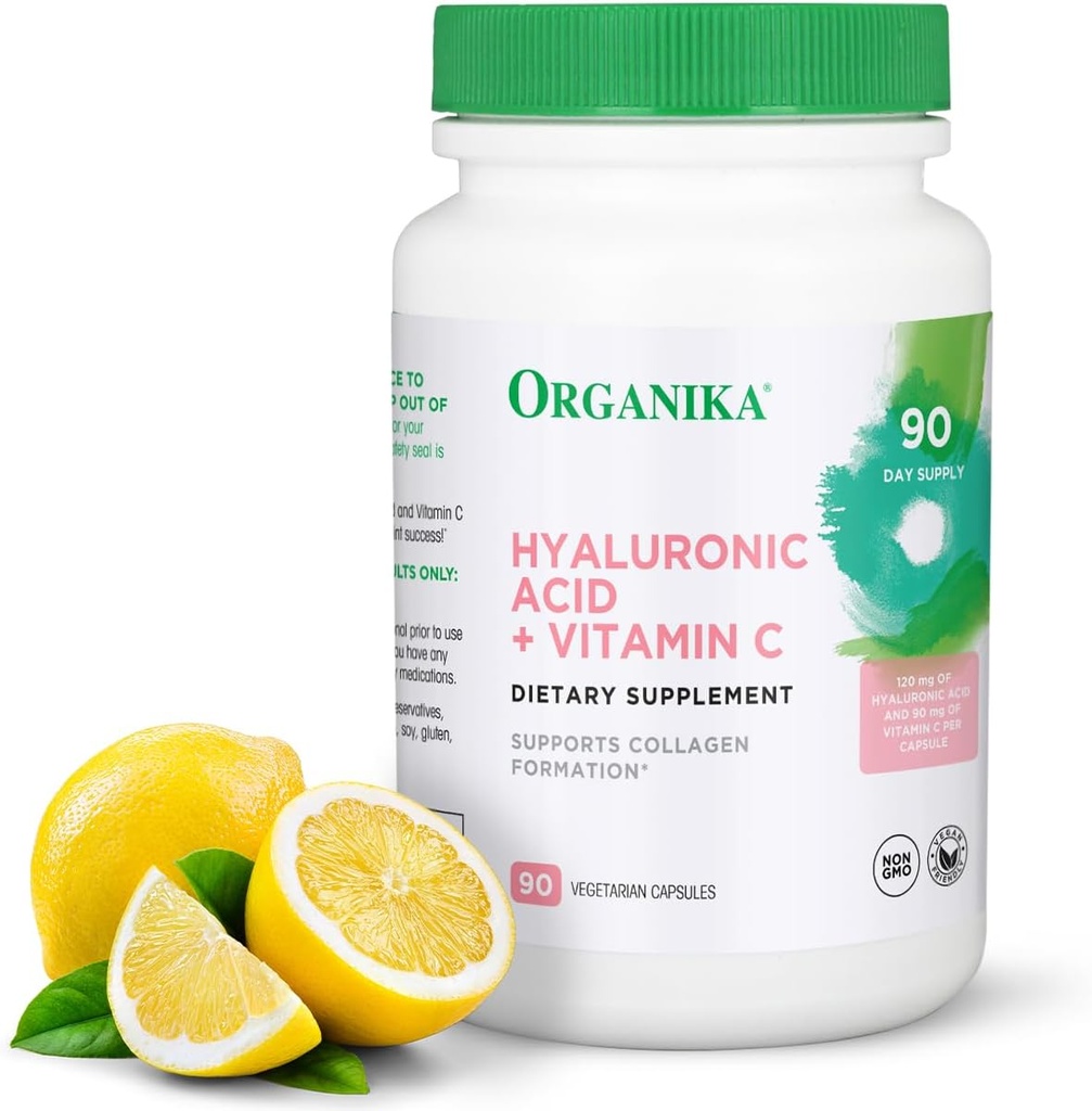 Organika Hyaluronic Acid Supplement with Witamina C (90 Kapsułki roślinne): Symbiotyczne wspólne Wellness, Kolagen, & Hydration skóry Powerhouse - Wzmocnione Hyaluronic Acid Supplements for Mobility & Beauty