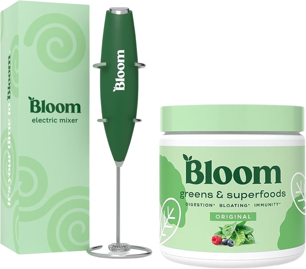 Bloom Nutrition Superfood Zielony Proszek, Enzymy z probiotyki i prebiotyki, Gut Zdrowie, Bloating Relief, Original + Mleko Frother Wysokiej mocy mikser