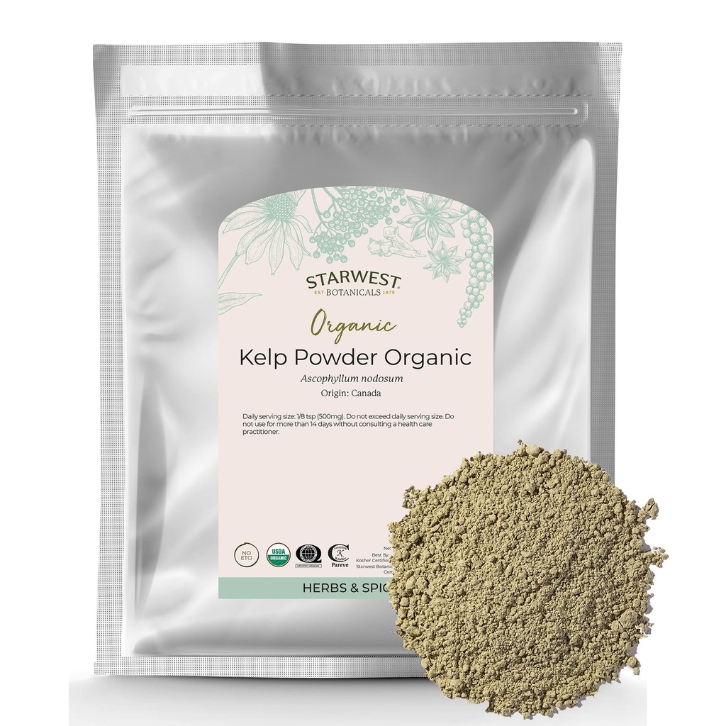 Starwest Botanicals Organic Kelp Powder - Bogaty w składniki odżywcze, Naturalne źródło jodu, potasu, magnezu, cynku, żelaza, & Wapń, Certified Kosher, Non-GMO - 16 Oz Bag
