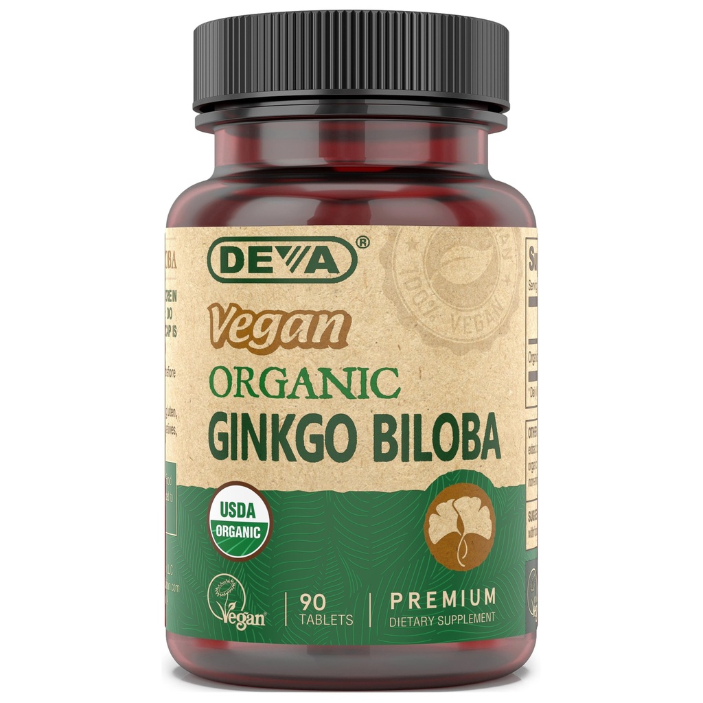 DEVA Vegan Ginkgo Biloba Suplement diety, USDA Organic, Vegan Society Certified, Easy- to- Połknięcie małych tabletek, 300 mg., 90- Licz butelek