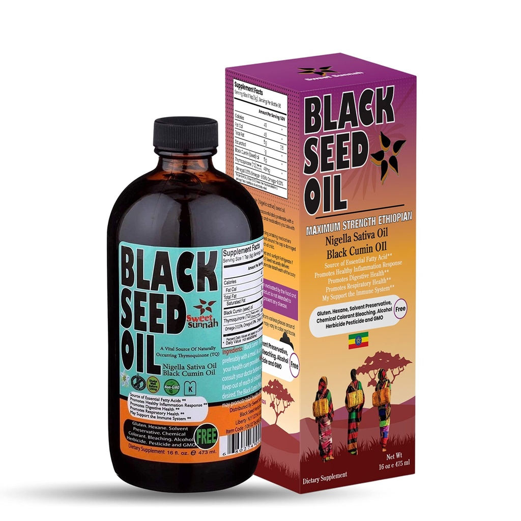 Etiopian Black Seed Oil - 3,43% Thymoquinone Cold- Pressed Black Cmin Seed from Pure Nigella Sativa - First Pressing Blackseed Non-GMO Ulepszony - 16 Oz Butelka szklana Sweet Sunnah