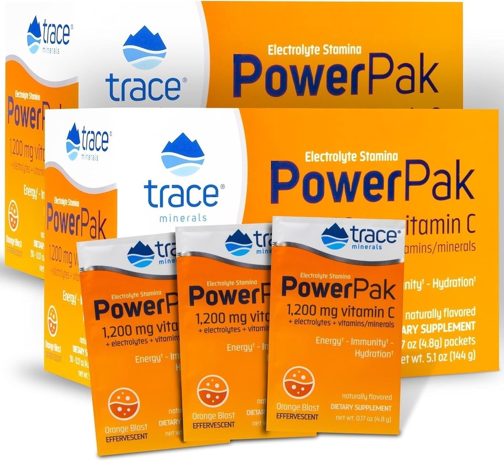 Ślad minerałów 124; zasilające paczki proszkowe Pak Electrolyte 124; 1200 mg witaminy C, cynku, magnezu 124; zwiększająca odporność, nawadnianie i naturalną energię 124; Pomarańcza Blast 124; 60 pakietów