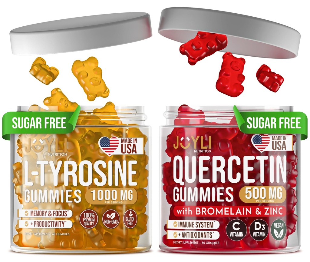 Gummie L- Tyrozyna + Gummie Quercetin - Suplement L Tyrozyny, Quercetin z witaminą C - Gummeje Focus i Gummeje wsparcia immunologicznego - 60 Gummeje L- Tyrozyna dla dzieci, 60 Gummeje Quercetin z Gummejami cynku