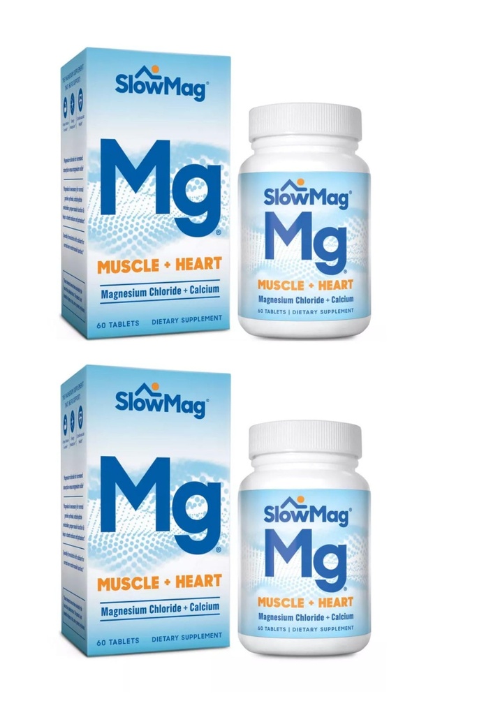 SlowMag Mg Muscle + Heart, wspomaga relaksję mięśni i zdrowie serca. Chlorek magnezu + Wapń, tabletki uwalniające wydzieliny, Łatwy do wchłaniania i Delikatny na żołądku. 60 Liczba (opakowanie po 2)