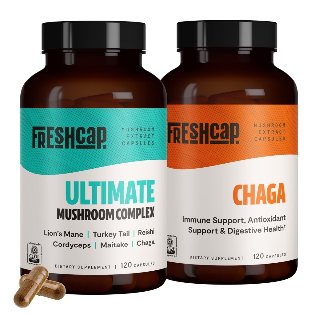 Świeże Grzyby Przeciwutleniające Bundle (Kapsułki Chaga i Ultimate Mushroom Complex Kapsułki)