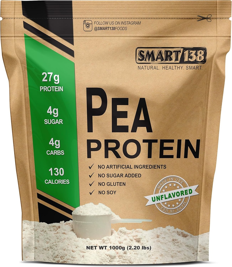100% Pure Pea Protein, Ultra Smooth Powder, Wegan, Gluten- Free, Soy- Free, Dairy- Free, Non-GMO, USA / Kanada, Keto (Low Carb), Natural BCAA (1000g / 2,2lbs, Unflavored)