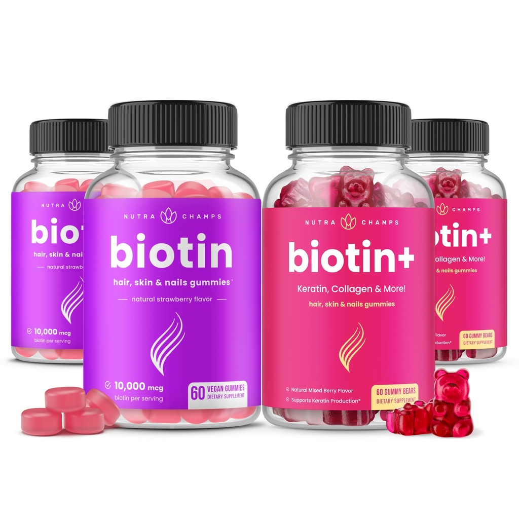 NutraChamps Biotin & Biotin +. Kompletny duet do włosów, skóry i paznokci. Biotyna, Kolagen, Keratyna i więcej