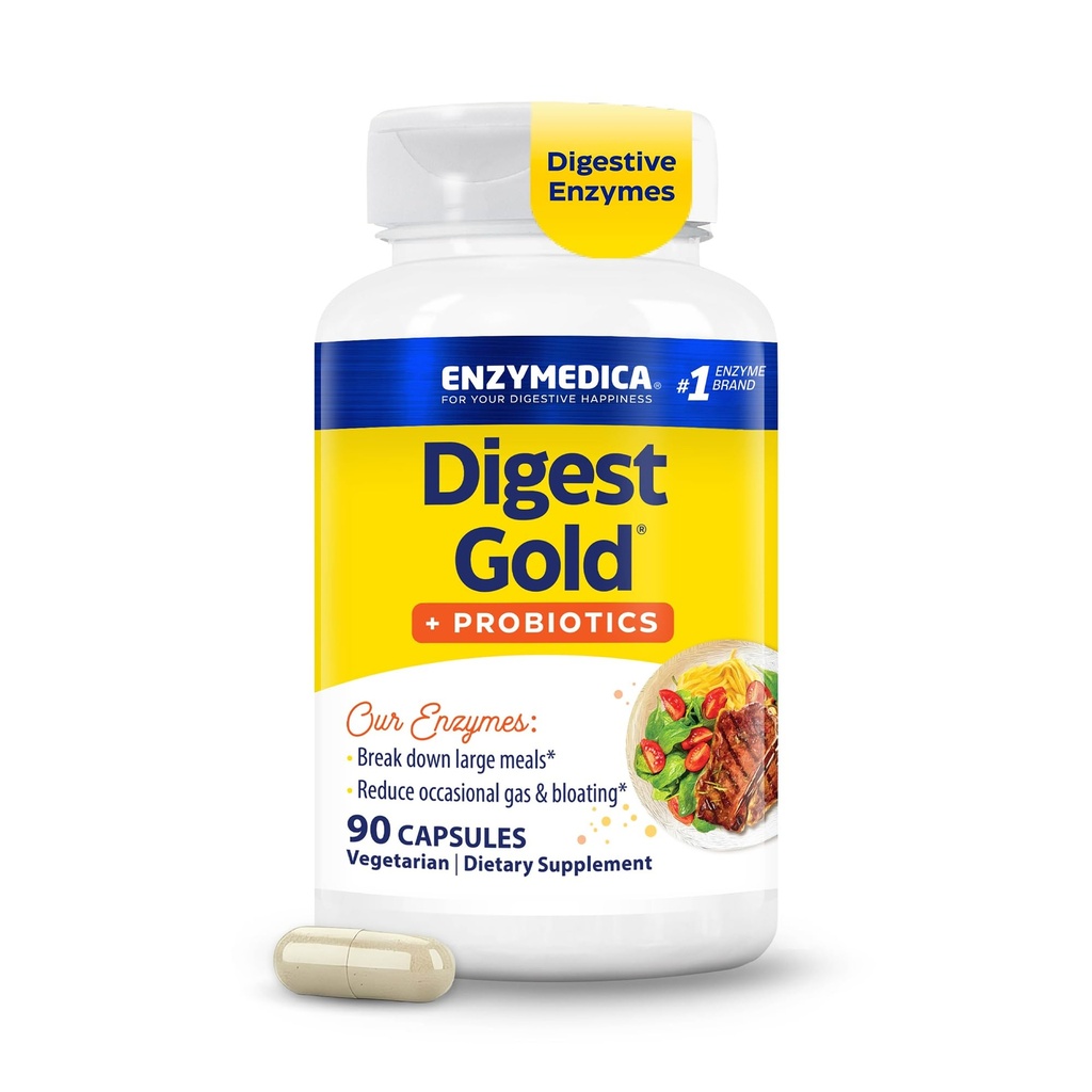 Enzymedica Digest Gold + Probiotyka, 2- in-1 Formuła dla Gut Health, Enzymy trawienne & 1 Miliard Aktywne Kultury Probiotyczne, 90 Licznik (FFP)