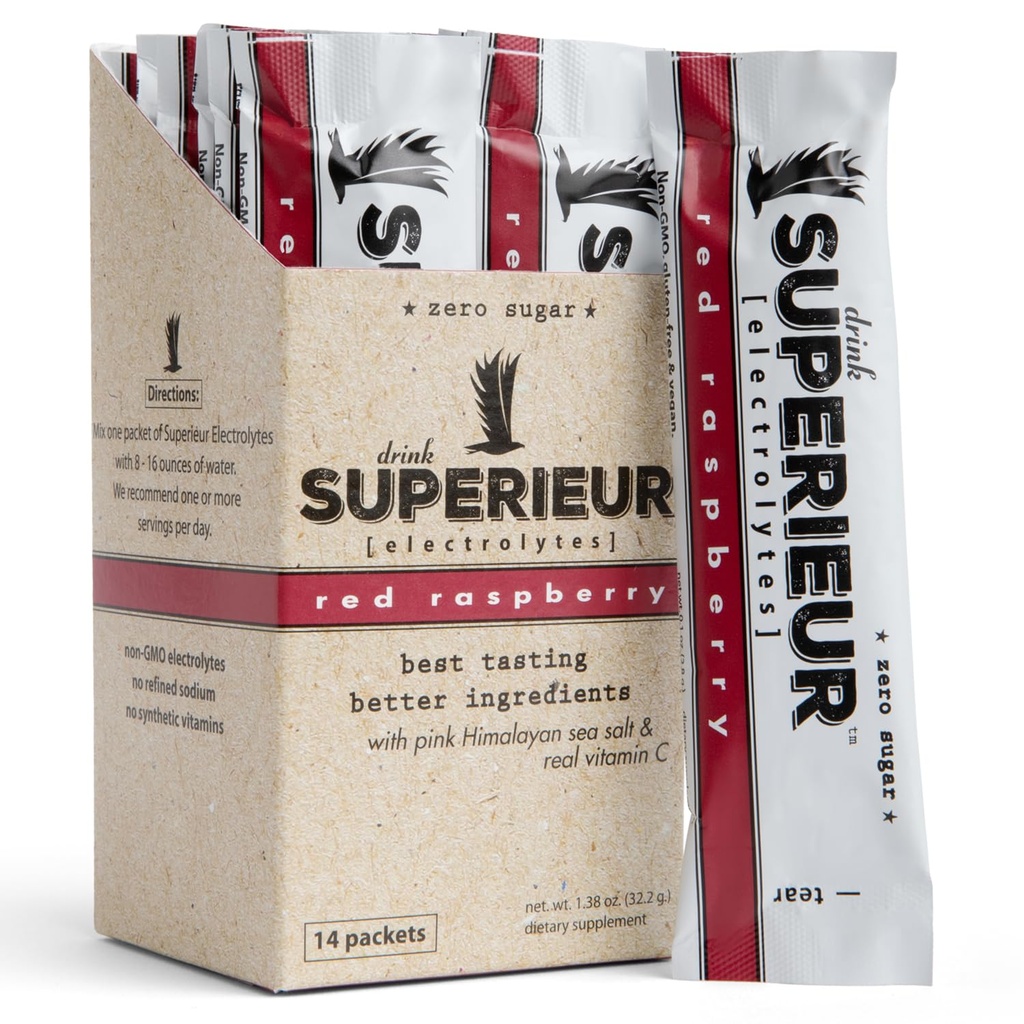 Superior Electrolyte Powder Pakiety - Wegan Electrolyte Hydration Proszek w / Minerały morskie - Keto Friendly, Nie-GMO, Zero Sugar Electrolyte Suplement - Zdrowy napój sportowy - Malina (14 Pakiety)