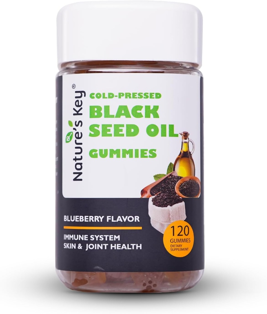 Nature 's Key Black Seed Oil Gummies, Immunitet wsparcia, Joints, trawienie, Włosy i skóra 124; Cold- Pressed, z 200mg Nigella Sativa Seed Oil, Witamina C, Ginger, Granat (Blueberry Flavor 120 Count)