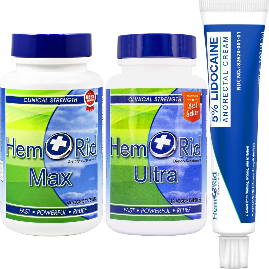 HemRid Complete Hemorrhoid Care System – Potent 5% Lidocaine Cream for Rapid Topical Comfort, Max Ultra Capsules for Ongoing Vascular Health and Circulatory Support