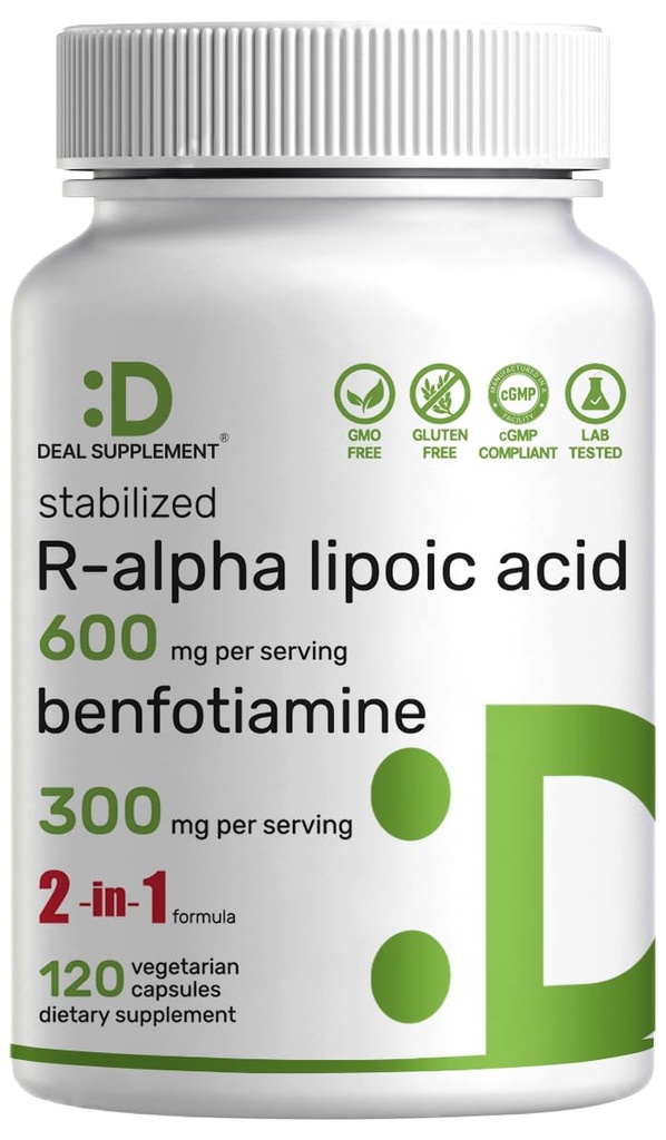 DEAL SUPLEMENT R Alpha Lipoic Acid 600mg z benfotiaminą 300mg na Podawanie, 120 Kapsułek wegetariańskich - 200mg R- ALA na Kapsułkę - Suplement przeciwutleniający do wspomagania energii i układu nerwowego