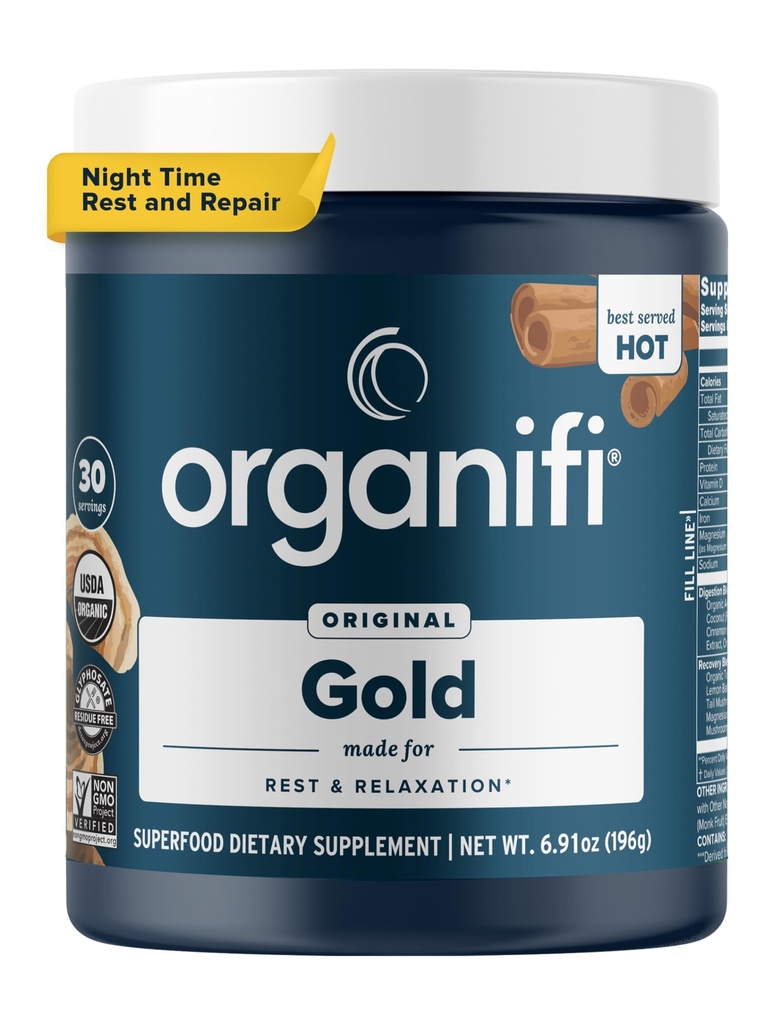 Organifi: Złoto - Superfood Supplement Powder - 30 Słupki - Wsparcie stresowe, Lepszy odpoczynek, Relaks i Promotes Resteful Sleep - Turmeric i Reishi Infused