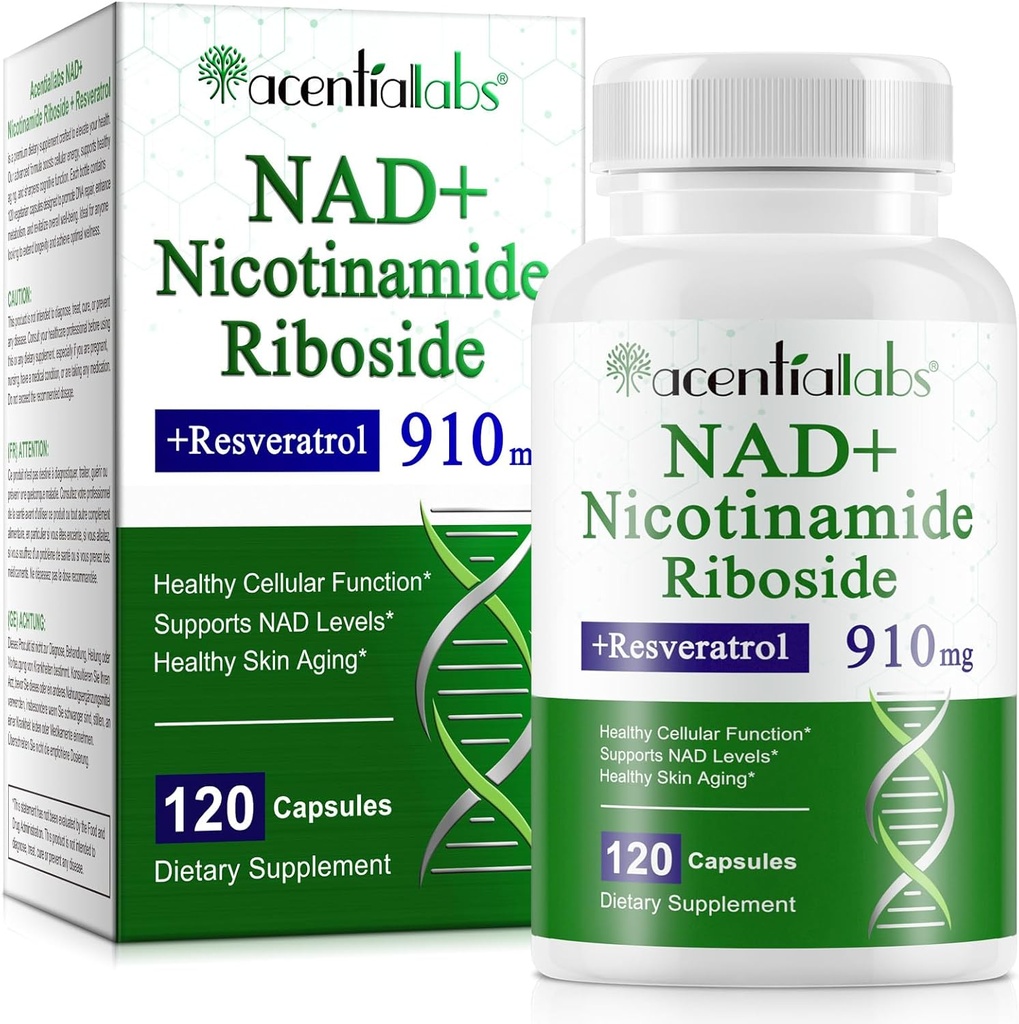 NAD Suplement, NAD Nikotynamid Ribozyd Resveratrol 910mg, Wysoka czystość NAD Suplement do Zdrowej Funkcji Komórkowej, Wspiera poziom NAD Zdrowa skóra Dojrzałe Suplement diety 120 Kapsułki
