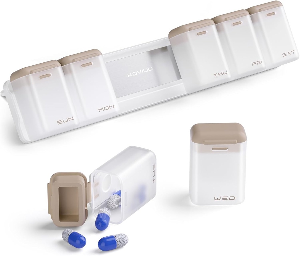 Tygodnik Pill Organizer Magnetic, Odkurzalny Pill Box 7 Dzień 1 Czas w dniu, Duże Pill Case Travel, Tydzień raz dziennie Dispenser Medicine Container Holder do suplementu Witamina, Brown