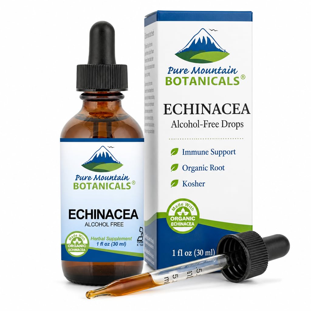 Czyste Góry Botaniczne Płynne krople Echinacea - Koszerna nalewka Alkohol wolny Ekstrakt - 500mg Echinacea Organiczna -1oz Butelka