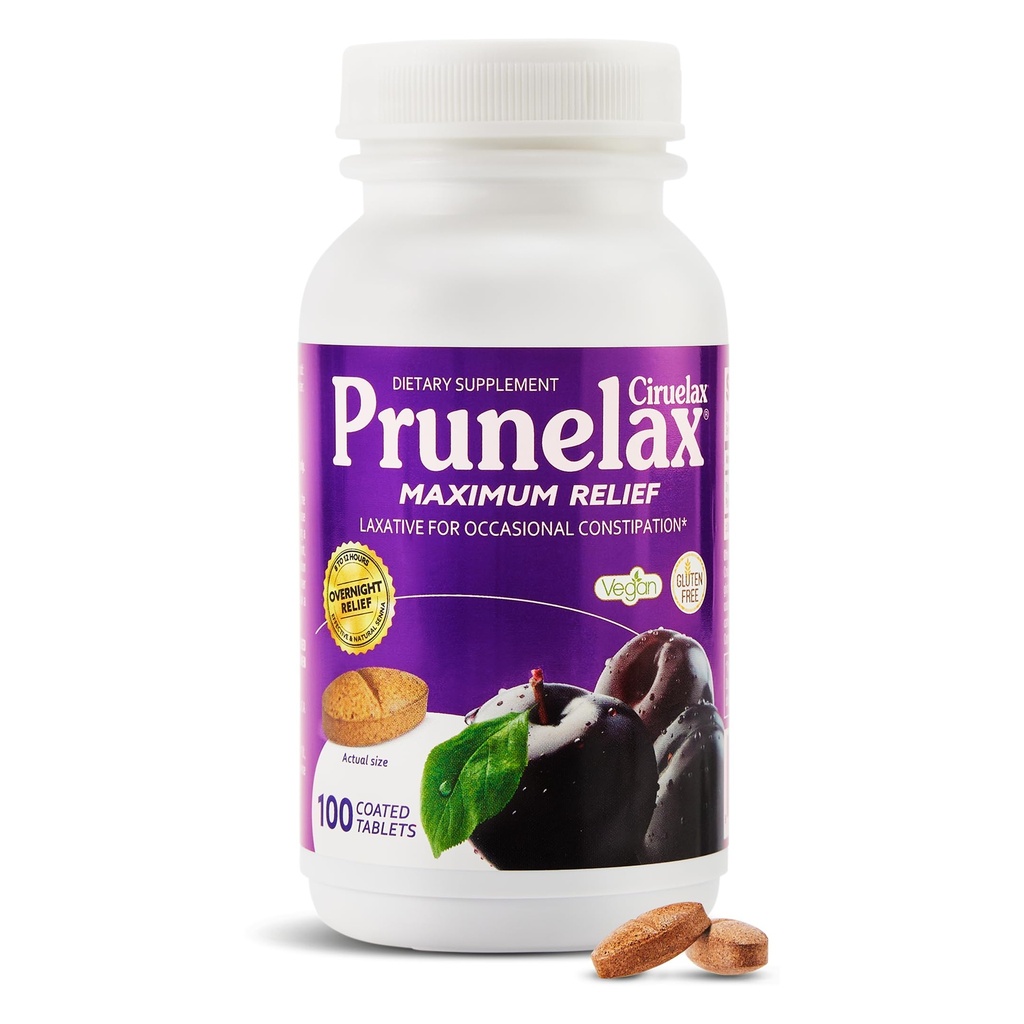 Prunelax Ciruelax Maksymalna ulga Laxative Tablets z naturalną senną do sporadycznych zaparć, Senna Extract, Vegan & Gluten- Free, Delikatna ulga w nocy - 100ct