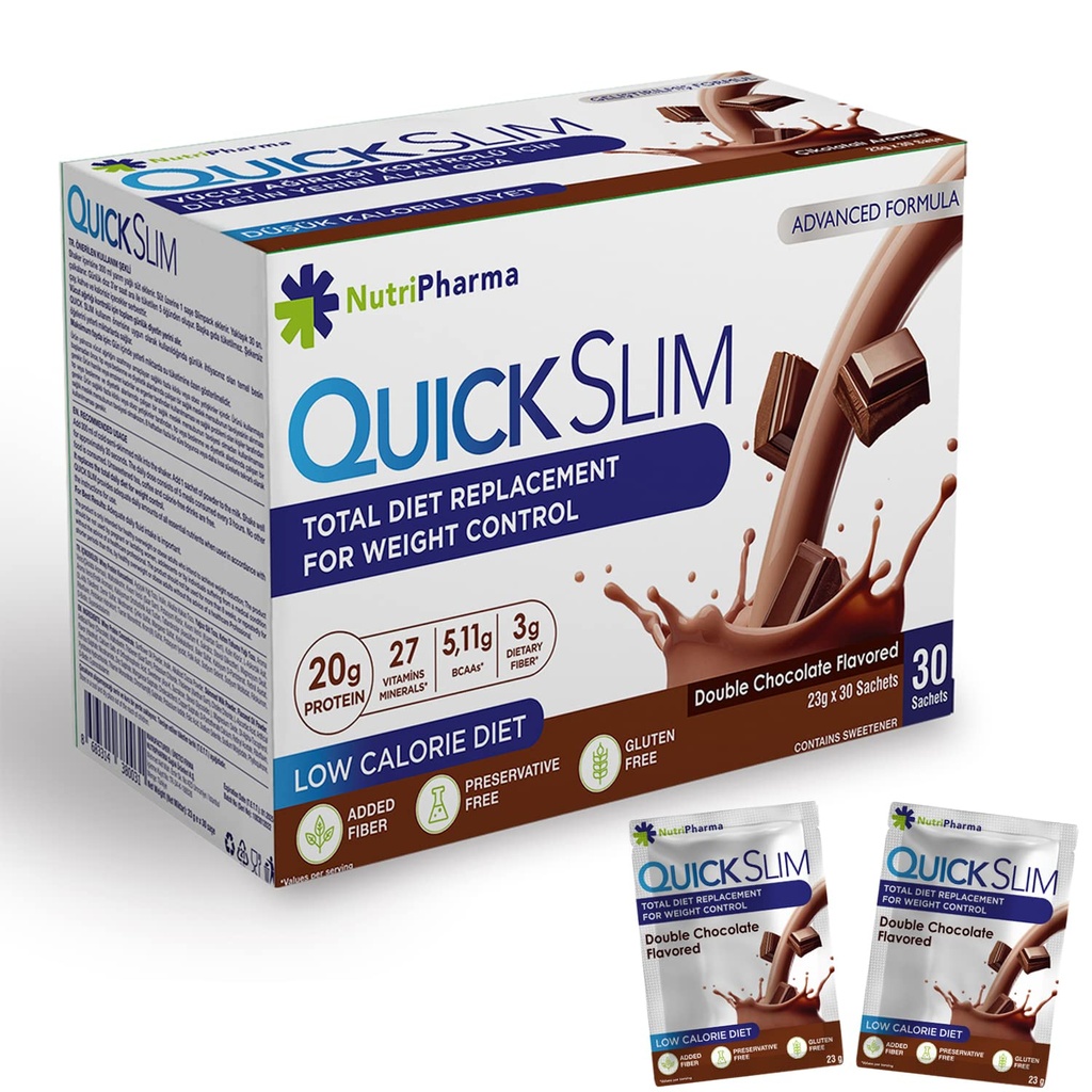 Quick Slim Meal Replacement Shake for Weight Loss, 30 Servings, 20g Protein, 27 Vitamins & Minerals, Dietary Fiber, Low Carb, Gluten Free (Double Chocolate, 30 Sachets)