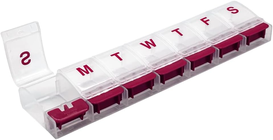EZY DASE Weekly (7- Day) AM / PM Daily Push Przycisk Pill Organizator, Witamina Case, i pojemnik na leki, X-duże zespoły, zapalenie stawów Przyjazny, Wygodne i łatwe w użyciu, Czysty / czerwony, BPA Free