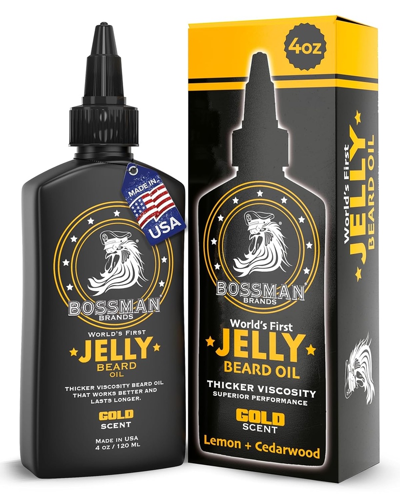 Bossman Jelly Beard Oil for Men (4 oz, Gold Scent) - Softens, Moisturizes & Warunki z naturalnych składników