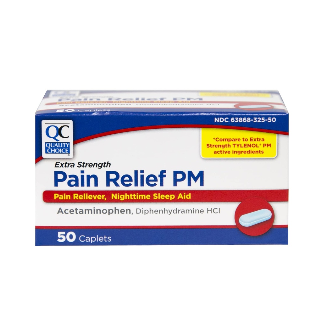 Wybór jakości Dodatkowa siła Ból Ulga PM, Ból Reliever i Nighttime Sleep Aid, Acetaminofen 500 mg & Difenhydramine HCI 25 mg (Pomoc snu), 50 Liczenie pakietu Caplets