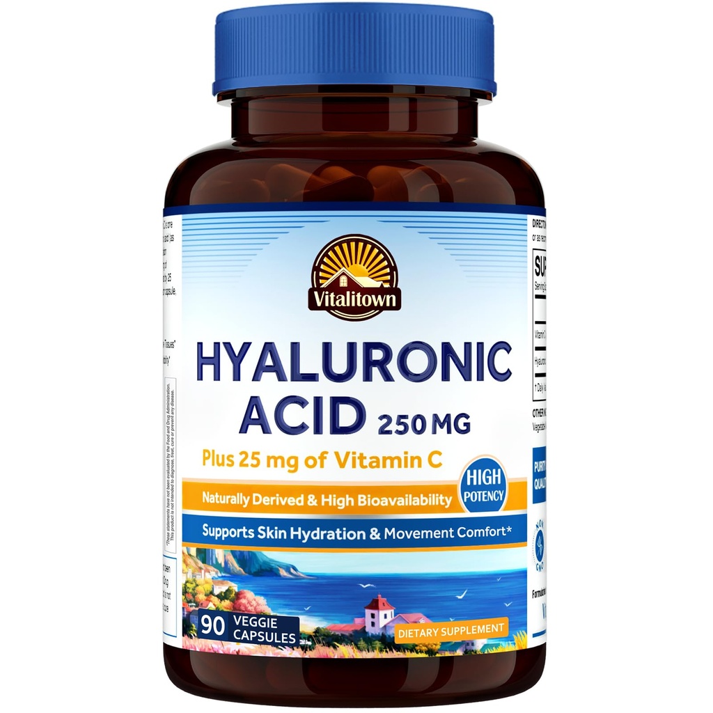Vitalitown Hyaluronic Acid Supplements 250 mg, Plus 25 mg Witamina C, Naturalnie Poderived & Wysoka Biodostępność, Hydration skóry, 90 Kapsułki wegańskie, 3 Dostawa miesiąc