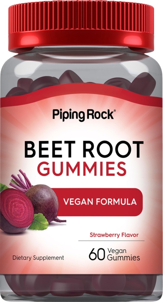 Piping Rock Beet Root Gummies | 60 Count | for Men and Women | Nitric Oxide Supplement | with Vitamin C and Black Pepper | Strawberry Flavor | Vegan, Non-GMO, Gluten Free