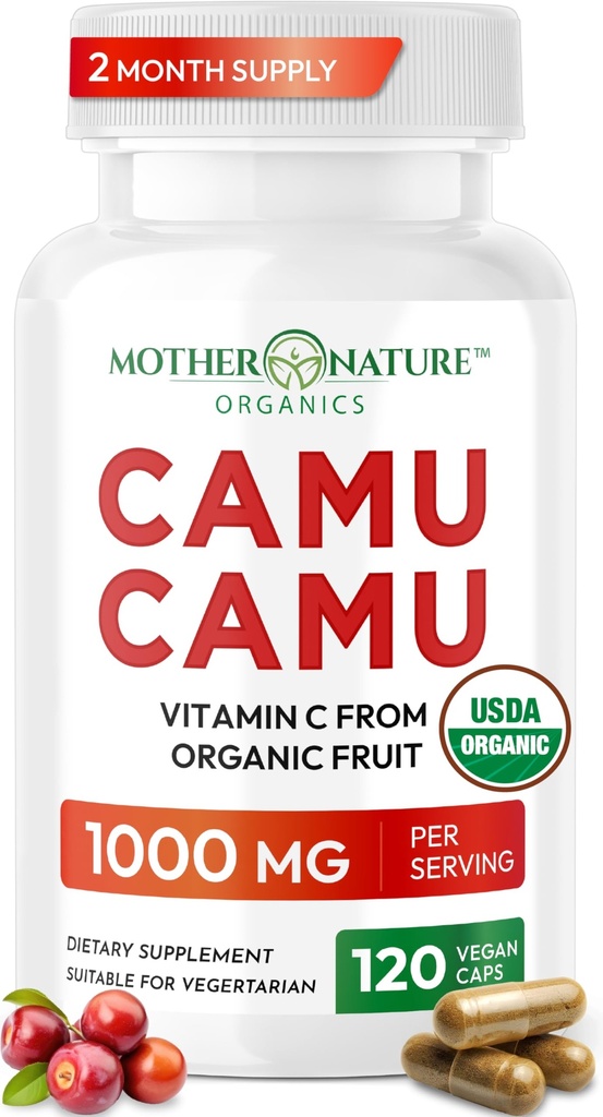 Witamina organiczna C z Camu Camu kapsułki 1000 mg, pakowana z naturalnym VIT C, surowe przeciwutleniacze - suplement immunologiczny i anty- Starzenie się skóry - Proszek organiczny, Wegan, Non-GMO (120 Count)