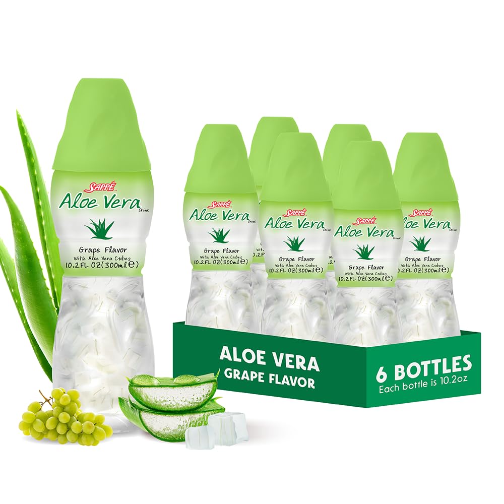 Sok Aloe vera (winogronowy) z większymi kawałkami czystej masy aloesowej (6 opakowań) Sok roślinny świetnie nadaje się do nawilżenia i zawiera dużą pulpę aloesową. Jest zdrowe dla dorosłych i dzieci