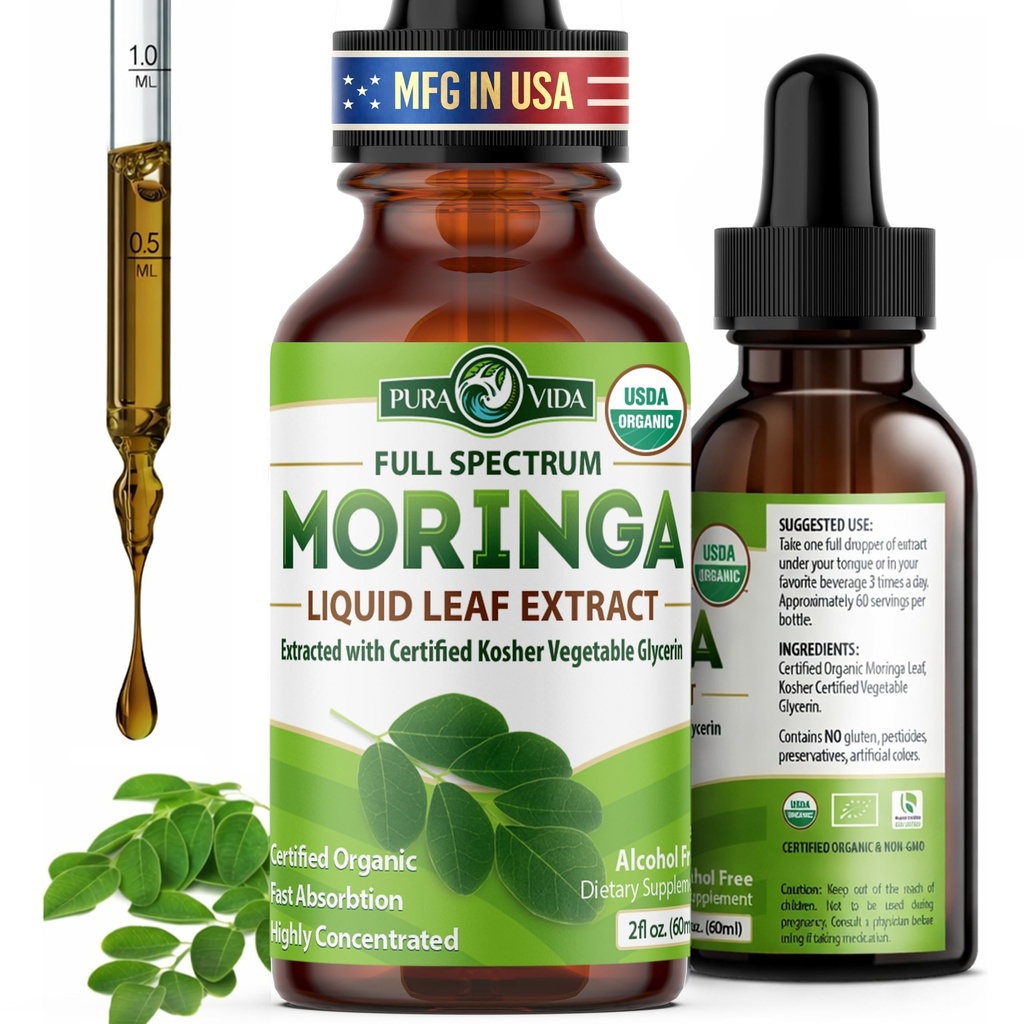 PURA VIDA MORINGA Leaf Extract Liquid Drops - USDA Organic Certified - Wysoko oczyszczona, biodostępna i szybsza absorpcja niż Moringa Powder lub kapsułki - Wyciąg z jednego pochodzenia Moringa Oleifera Leaves