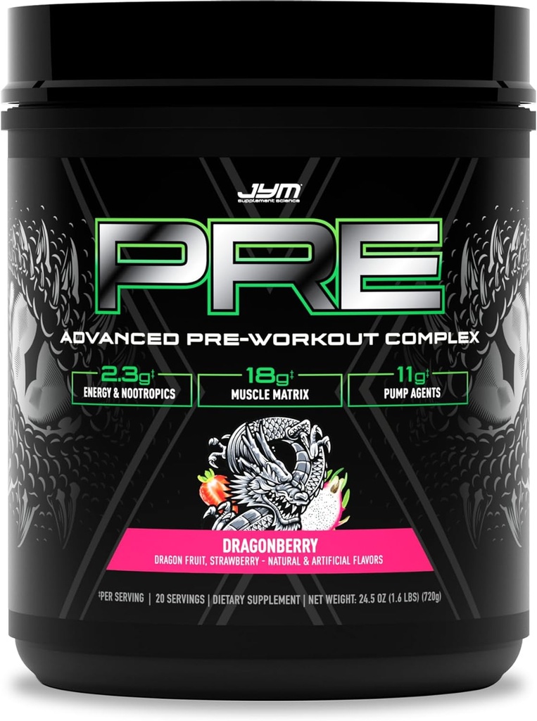 JYM Supplement Science Pre JYM X Dragonberry Advanced Pre- Workout Puder Massive Pomps, Citruline Nitrate, Dynamine, NO3T Betaine, BCAA 's, Nootropics, Creatine, Beta- Alanina, 20 Służenia