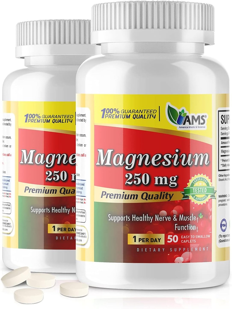 American Medic & Science Magnezu 250 mg (100 Caplets) 124; Opakowanie 2 Butelki do wstrzykiwań 124; Suplement tlenku magnezu dla mężczyzn i kobiet 124; Wspomaga zdrowe Nerwy i funkcje mięśniowe