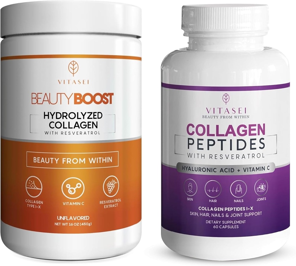VITASEI Kolagen Wellness Bundle - Zhydrolizowany Kolagen Peptydes Proszek & Kolagen Peptyd Kapsułki z witaminą C & Resveratrol - Wsparcie dla włosów, skóry, paznokci, kości, & łączniki