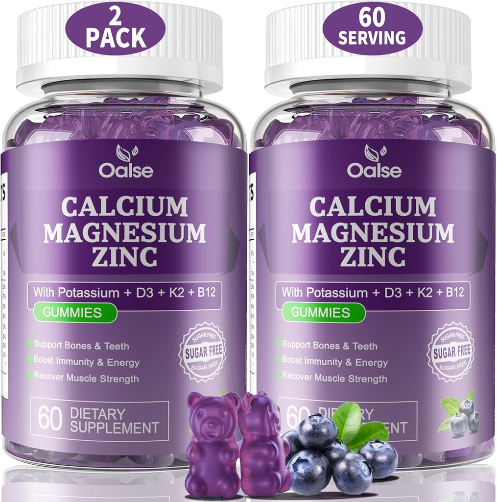 (2 opakowanie) OALSE Magnezu wapniowego Gummeje cynku z witaminą D3 & K2- Wysoka absorpcja Magnezu Glice- Mięśnie, Immune & Sleep Support- Cukier Free- Blueberry Flavored- 120 Liczby