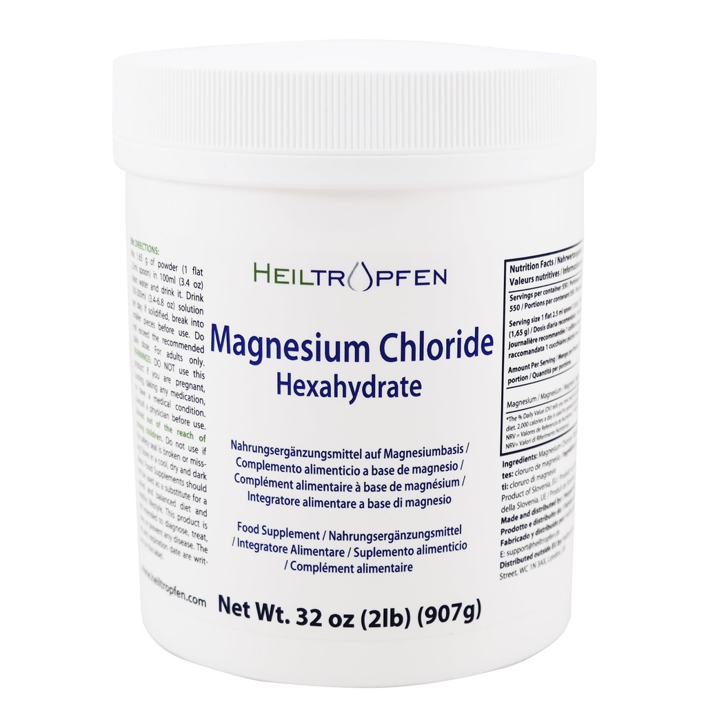2 funty chlorek magnezu sześciowodny 124; składniki klasy farmaceutycznej 124; proszek krystaliczny 124; czysty Ph. EUR., BP, USP, 100% 124; Heiltropfen ®