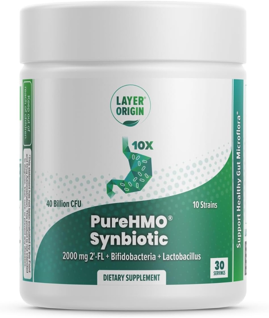 Pochodzenie warstwy 124; Synbiotyczne PureHMO: Prebiotyk + Probiotyk, 2000 mg oligosacharydów ludzkiego mleka w proszku, 10 Szczepów, 40 Miliard Probiotyków - Forma proszku